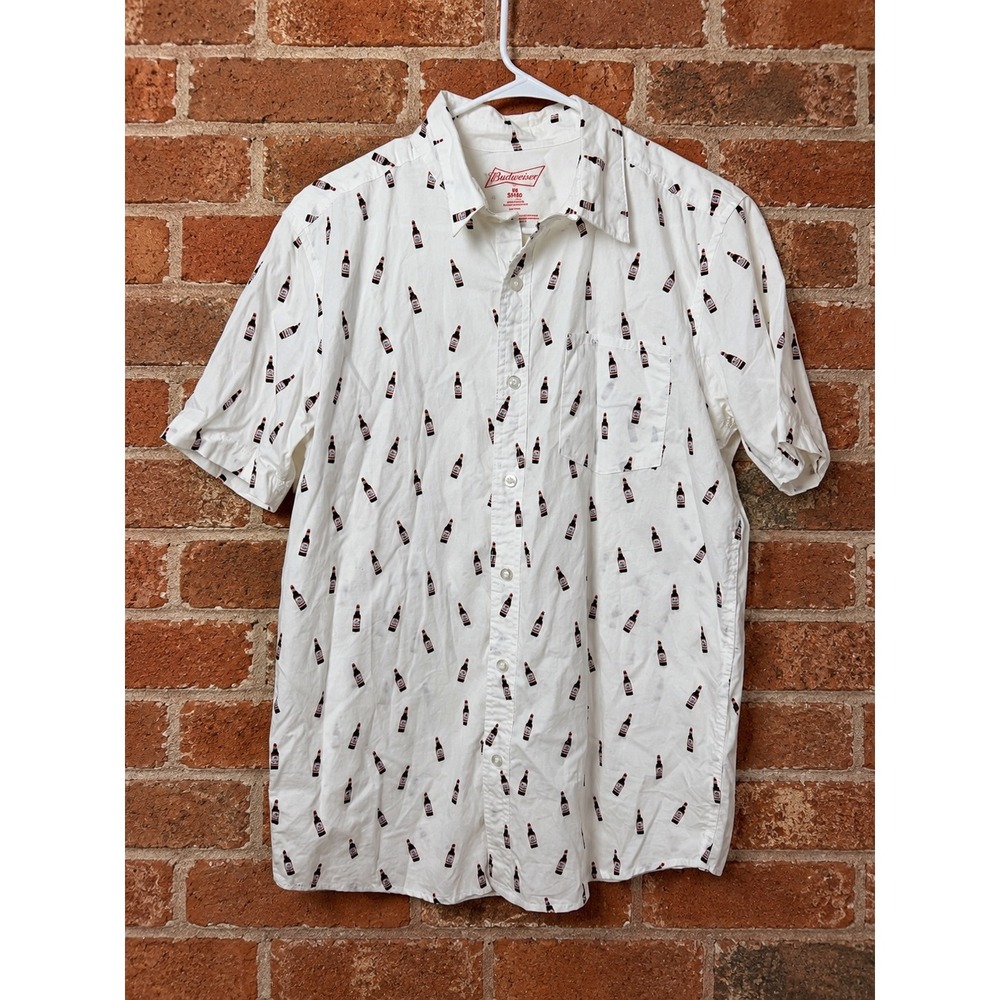 Budweiser Mens White Beer Print Short Sleeve Button Down Shirt M America Party